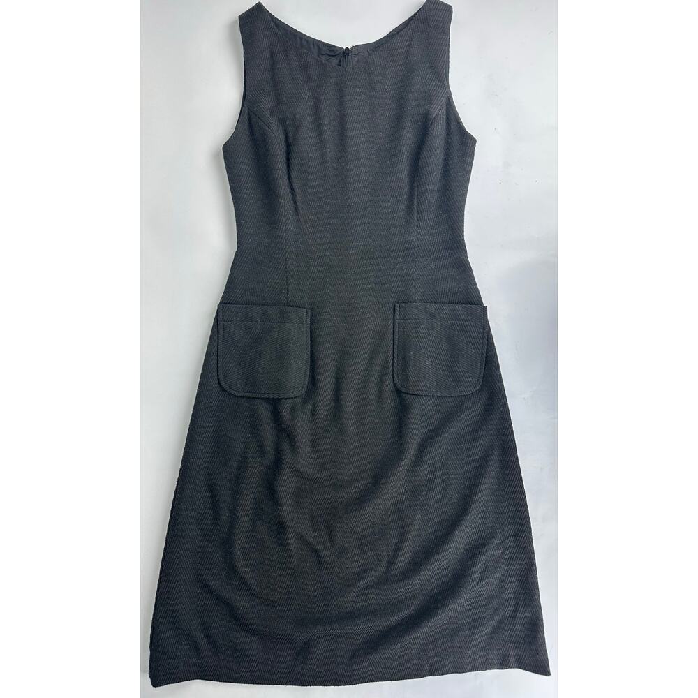 Jill Anderson NYC Wool Sheath Midi Dress Gray Patch Pocket Tailored Indie Mod XS
